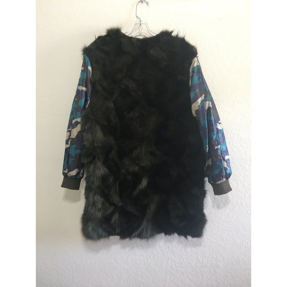 Camouflage Fur Coat Open Style Size Large Brown/Blue Navy - Picture 6 of 11